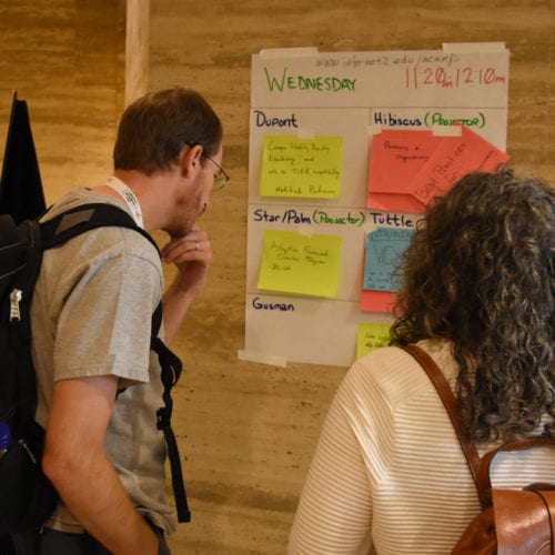 Two students looking for room directions.