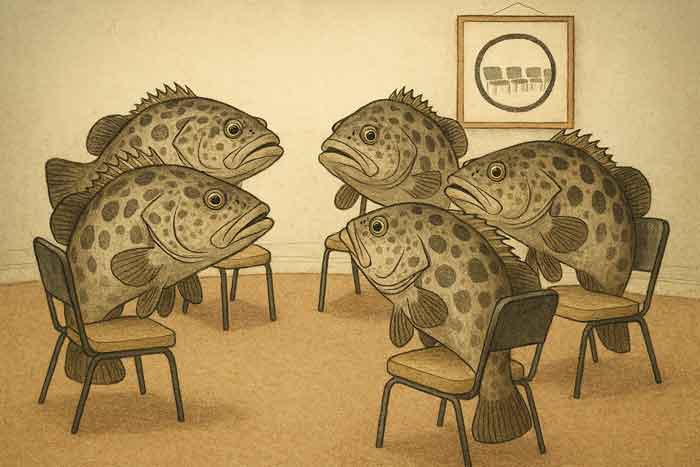 Grouper fishes sitting on chairs meeting graphic