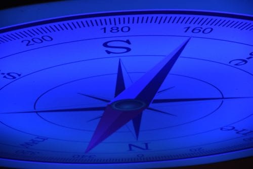 Closeup of a blue compass.