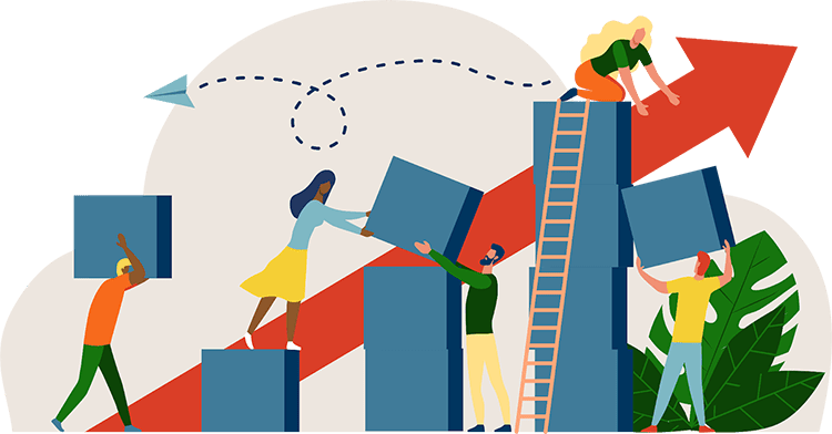 Graphic displaying individuals working together moving blocks.