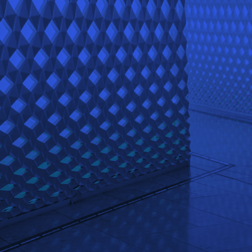 Person walking in a blue themed building